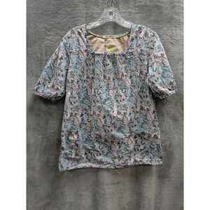 Paisley Scrub Top Womens Medium‎ Smocked Square Neck Blue Boho